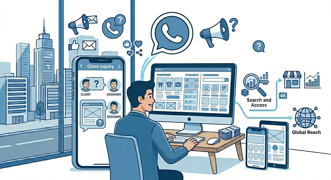 Client contacting web designer through phone, WhatsApp inquiry concept, modern business style, blue white theme, no text, 4k